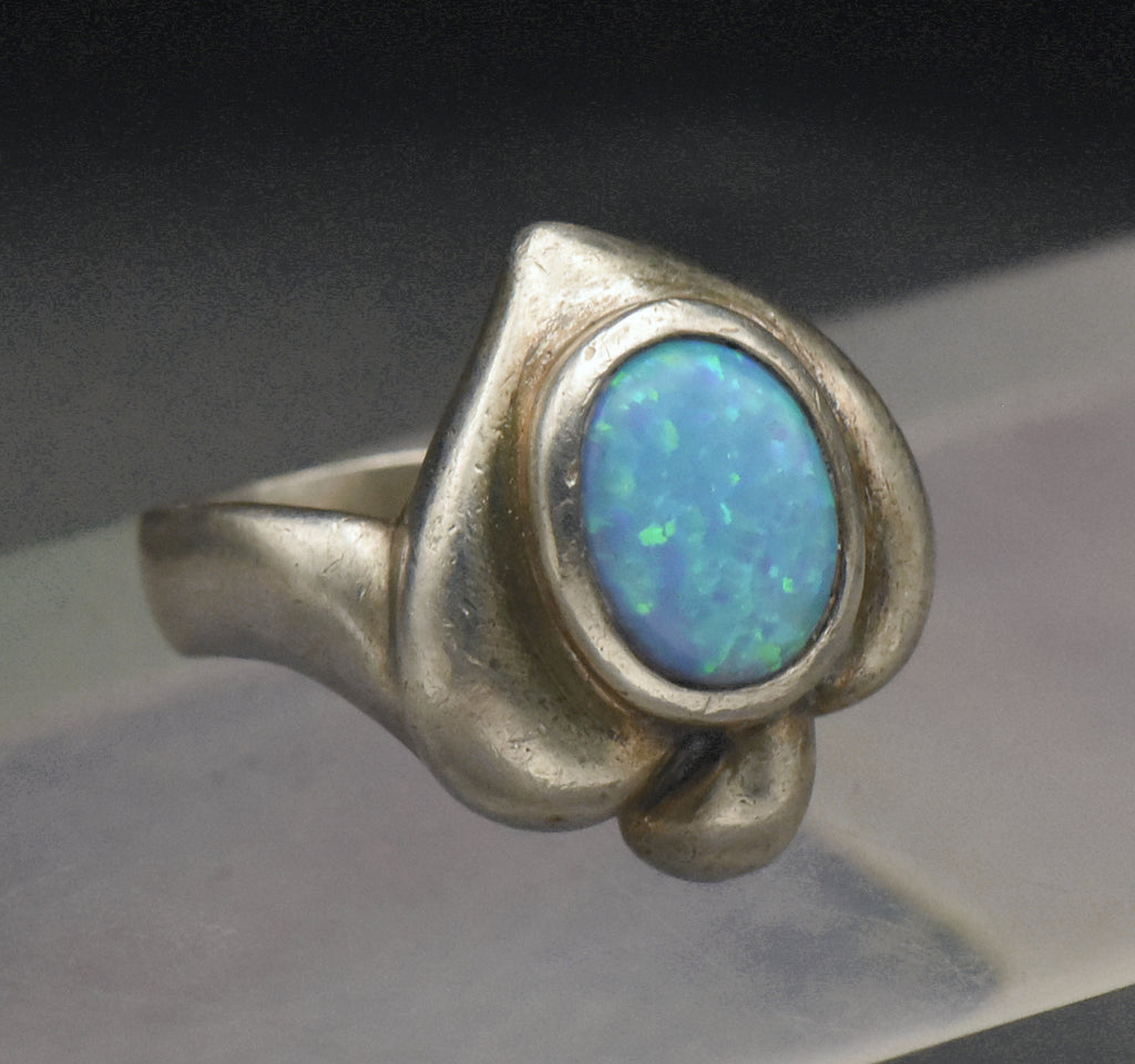 Vintage Sterling Silver Synthetic Opal Heart Ring - Size 6
