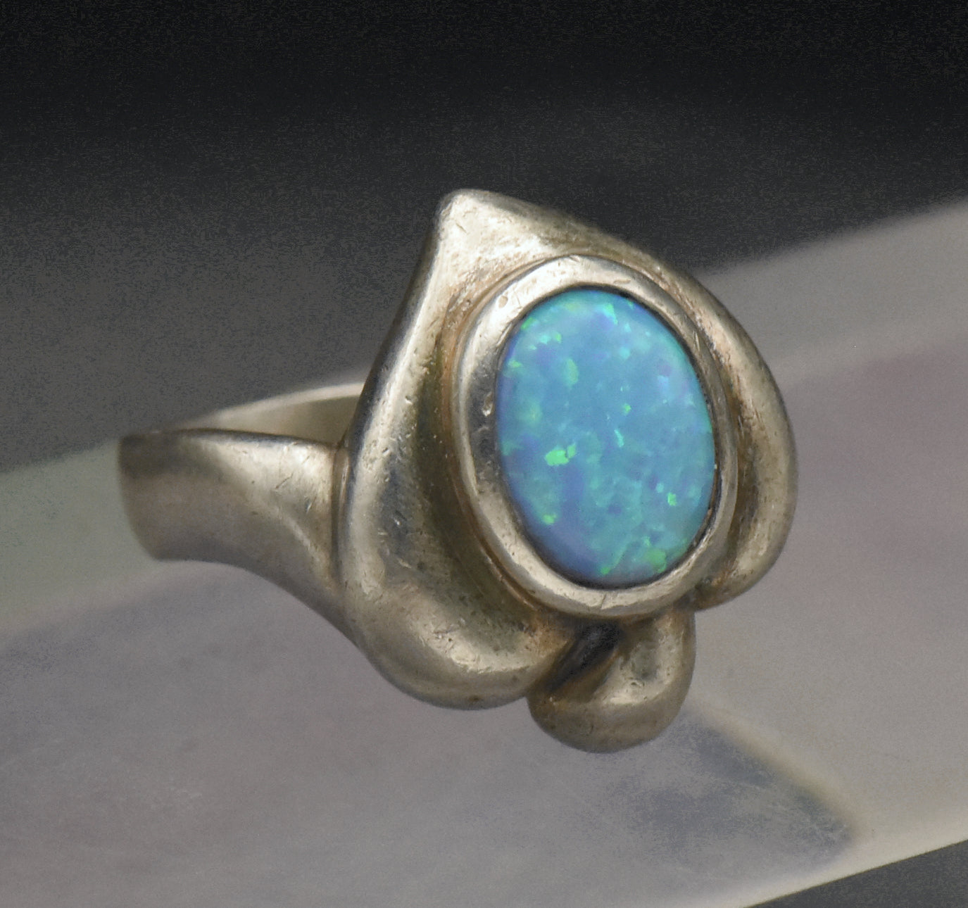 Vintage Sterling Silver Synthetic Opal Heart Ring - Size 6