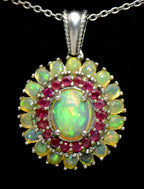 Vintage Opal and Ruby Sterling Silver Pendant on Sterling Silver Chain Necklace - 20.25 Inches