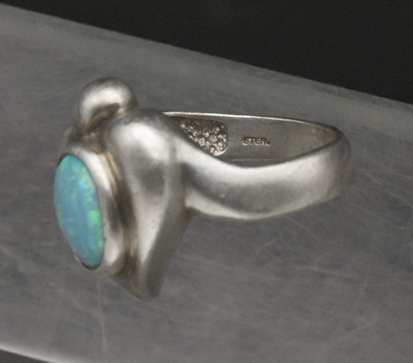 Vintage Sterling Silver Synthetic Opal Heart Ring - Size 6