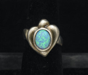 Vintage Sterling Silver Synthetic Opal Heart Ring - Size 6