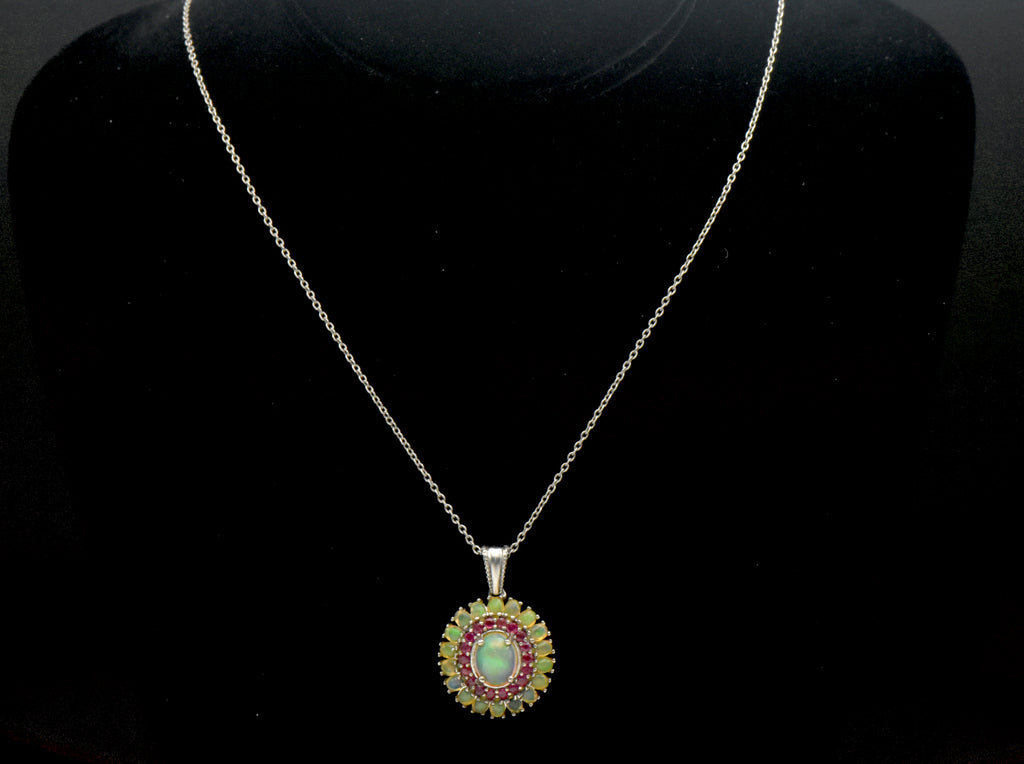 Vintage Opal and Ruby Sterling Silver Pendant on Sterling Silver Chain Necklace - 20.25 Inches