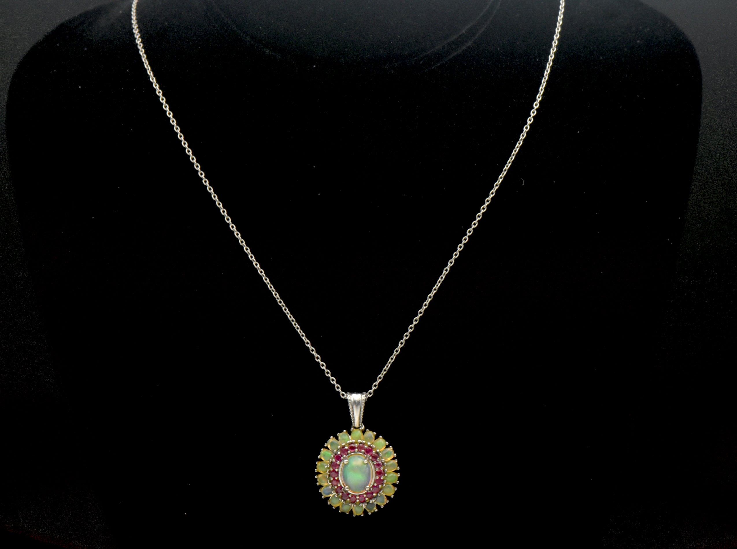 Vintage Opal and Ruby Sterling Silver Pendant on Sterling Silver Chain Necklace - 20.25 Inches