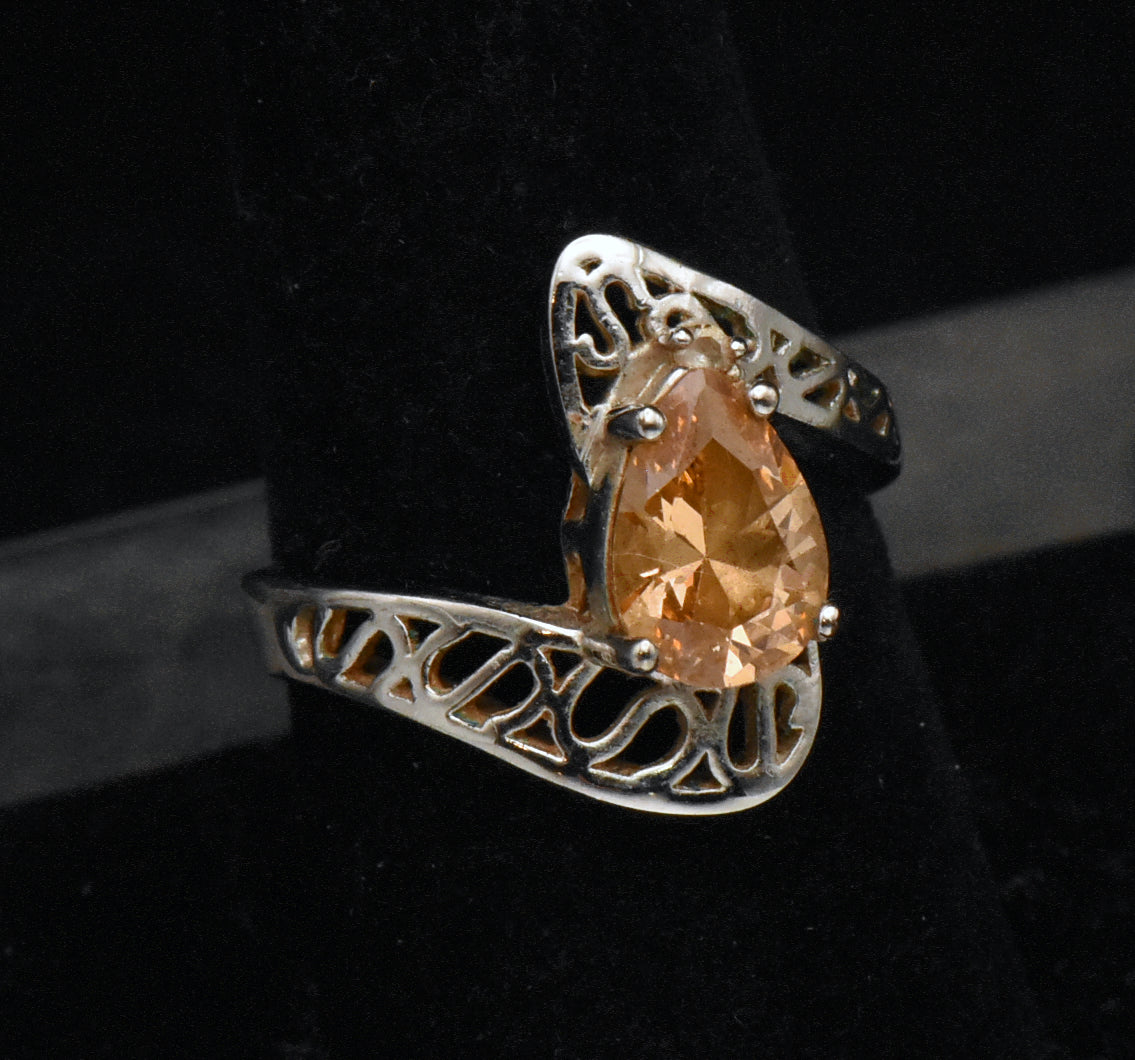 Vintage Orange Cubic Zirconia Sterling Silver Ring - Size 8