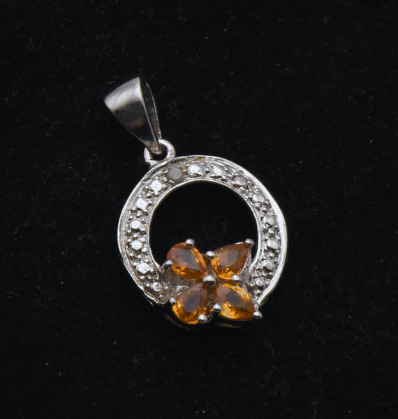 Synthetic Orange Sapphires and Diamond Sterling Silver Pendant