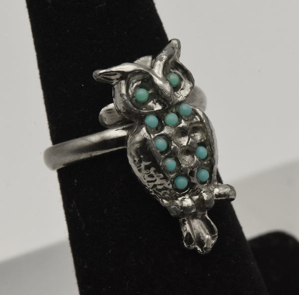 Vintage Owl with Faux Turquoise in Silver Tone Metal - Adjustable Size