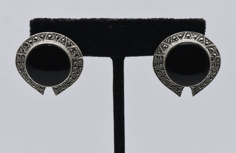 Vintage Sterling Silver Black Onyx and Marcasite Earrings
