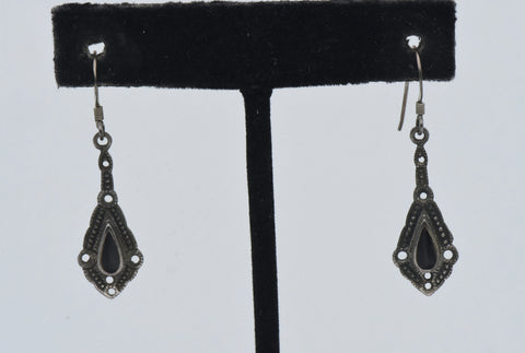 Vintage Sterling Silver Black Onyx Dangle Earrings