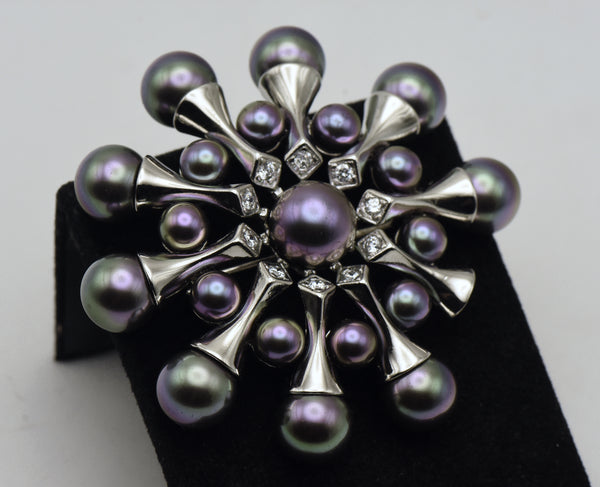 Majorica - Vintage Sterling Silver Faux Pearl and Cubic Zirconia Brooch - AS IS