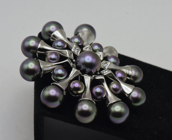 Majorica - Vintage Sterling Silver Faux Pearl and Cubic Zirconia Brooch - AS IS