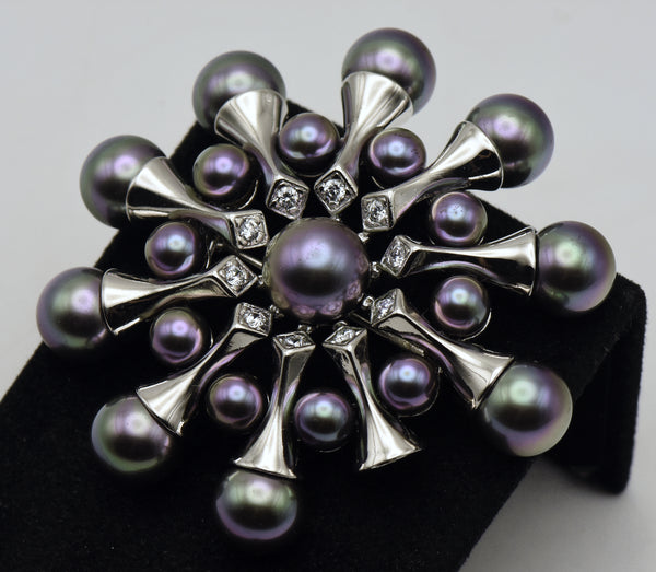 Majorica - Vintage Sterling Silver Faux Pearl and Cubic Zirconia Brooch - AS IS