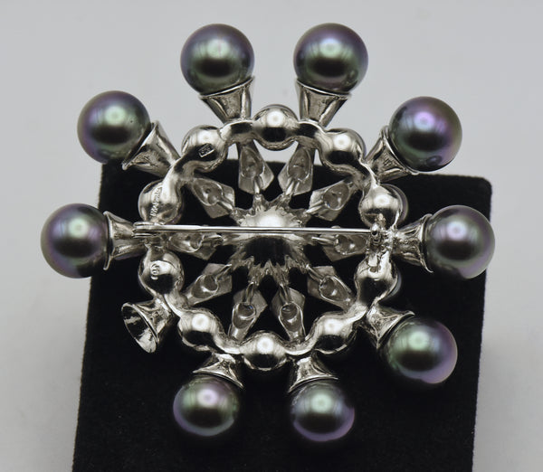 Majorica - Vintage Sterling Silver Faux Pearl and Cubic Zirconia Brooch - AS IS