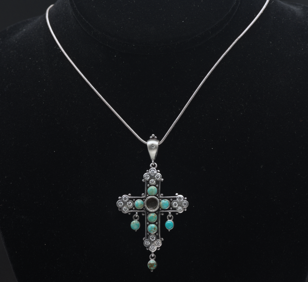 Vintage Turquoise and CZ Sterling Silver Cross Pendant on Sterling Silver Chain Necklace - 18.5"