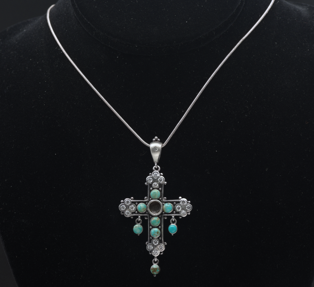 Vintage Turquoise and CZ Sterling Silver Cross Pendant on Sterling Silver Chain Necklace - 18.5"