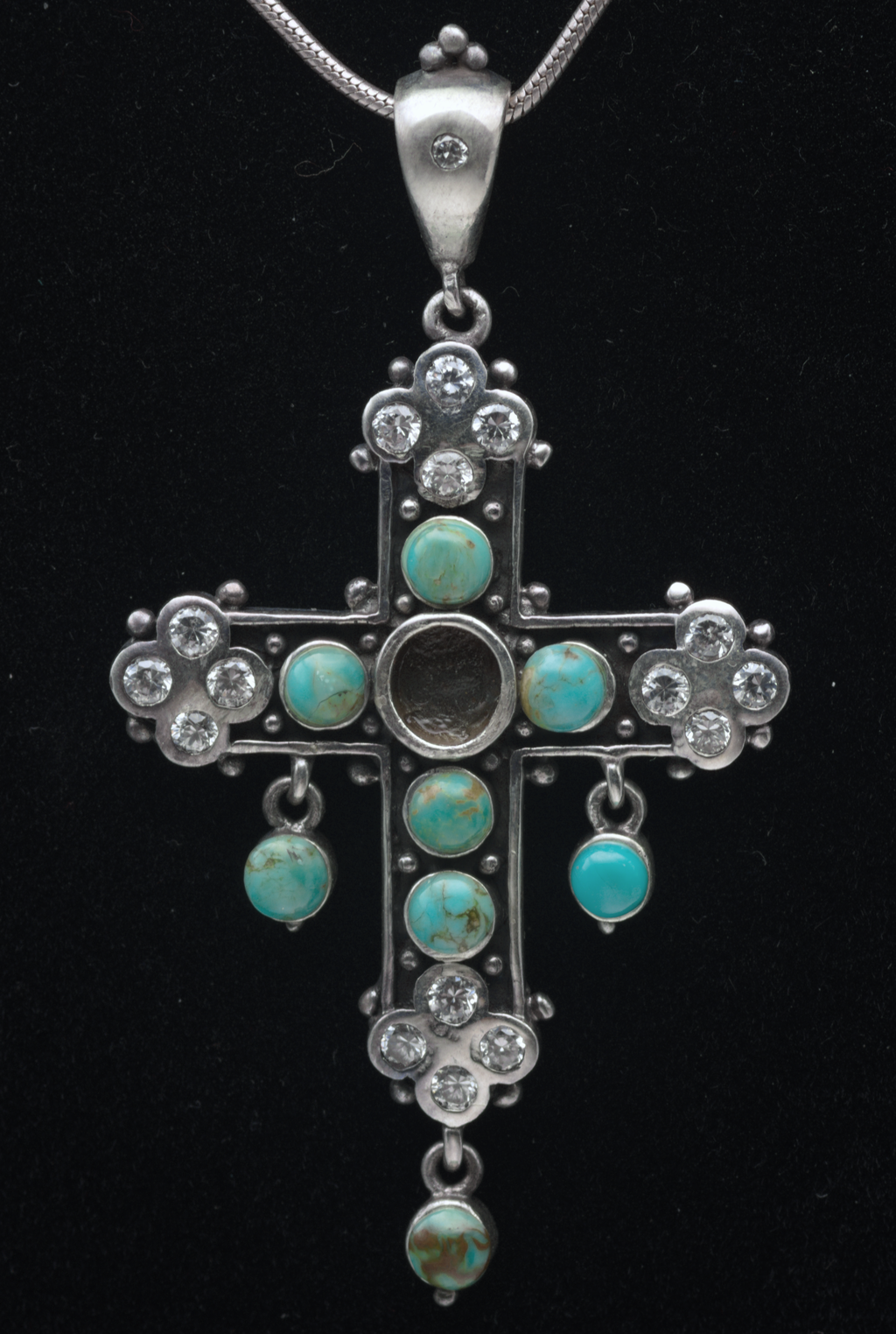 Vintage Turquoise and CZ Sterling Silver Cross Pendant on Sterling Silver Chain Necklace - 18.5"