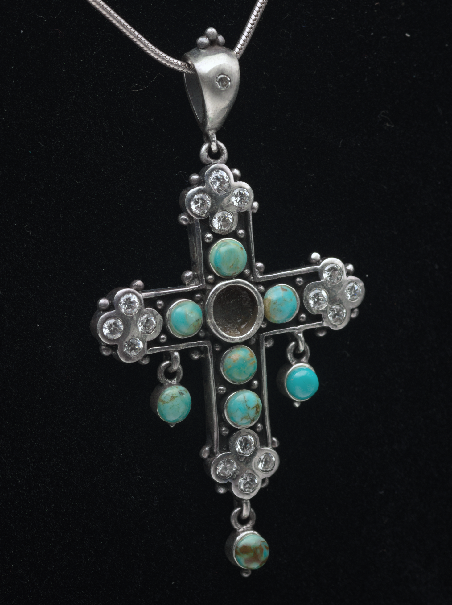 Vintage Turquoise and CZ Sterling Silver Cross Pendant on Sterling Silver Chain Necklace - 18.5"