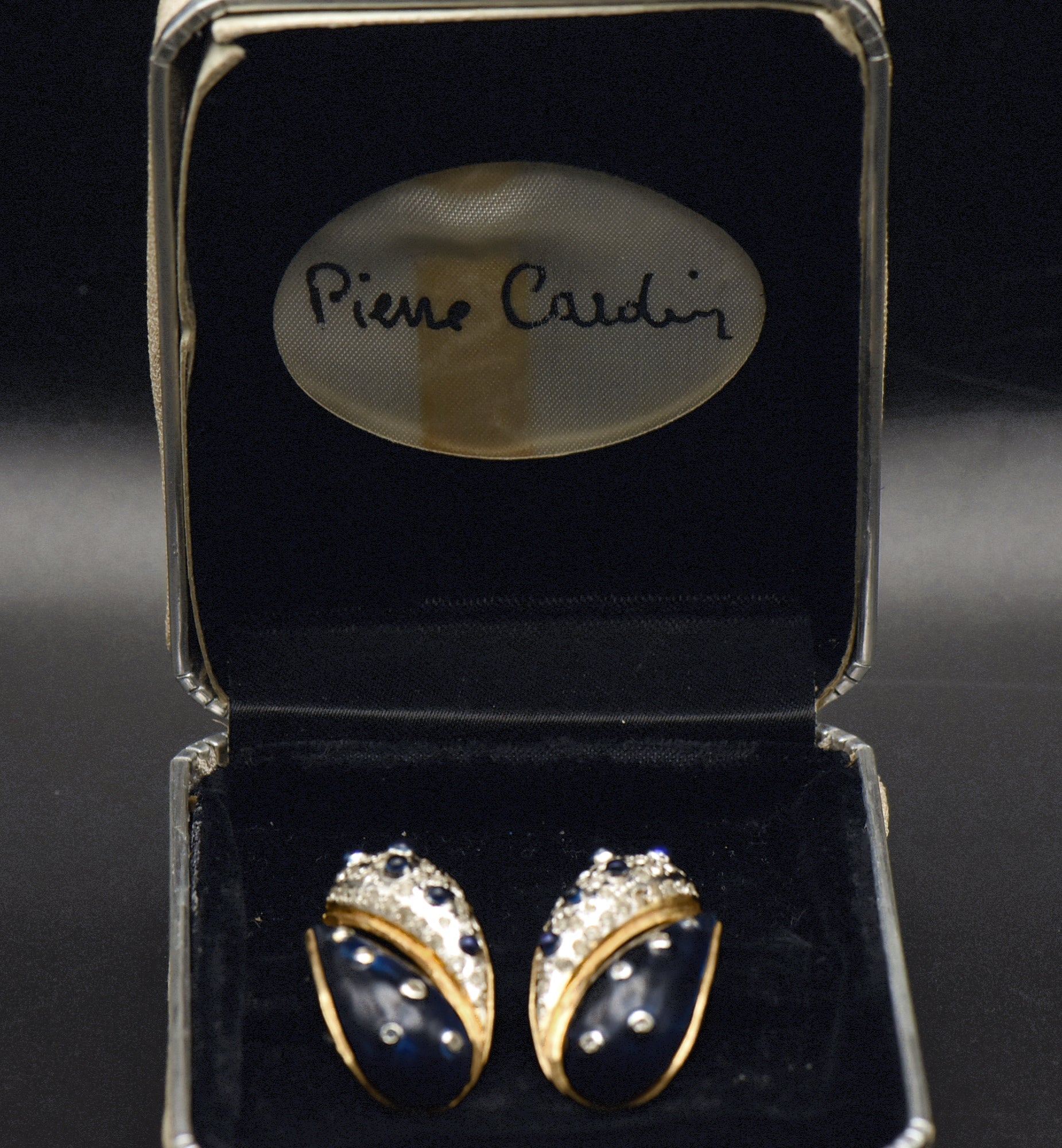 Pierre Cardin - Vintage Enamel and Rhinestone Clip On Earrings Original Box
