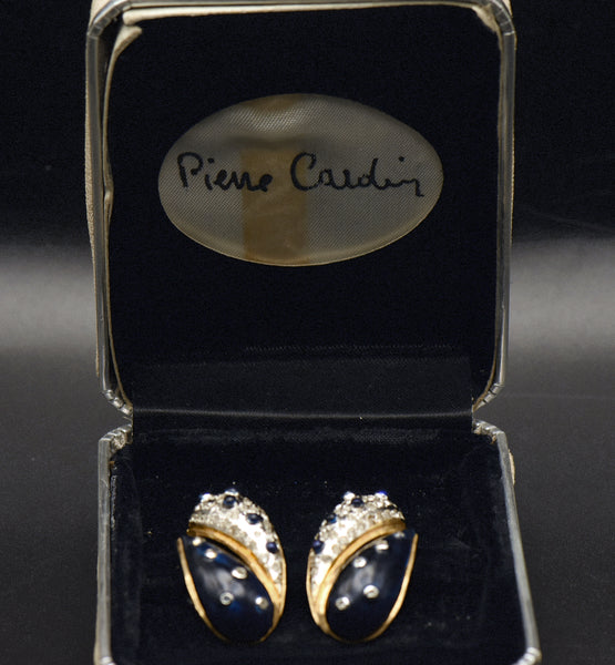 Pierre Cardin - Vintage Enamel and Rhinestone Clip On Earrings Original Box