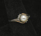Vintage Sterling Silver and 10k Gold Pearl with Diamonds Ring - Size 8.5