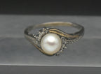 Vintage Sterling Silver and 10k Gold Pearl with Diamonds Ring - Size 8.5