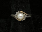 Vintage Sterling Silver and 10k Gold Pearl with Diamonds Ring - Size 8.5