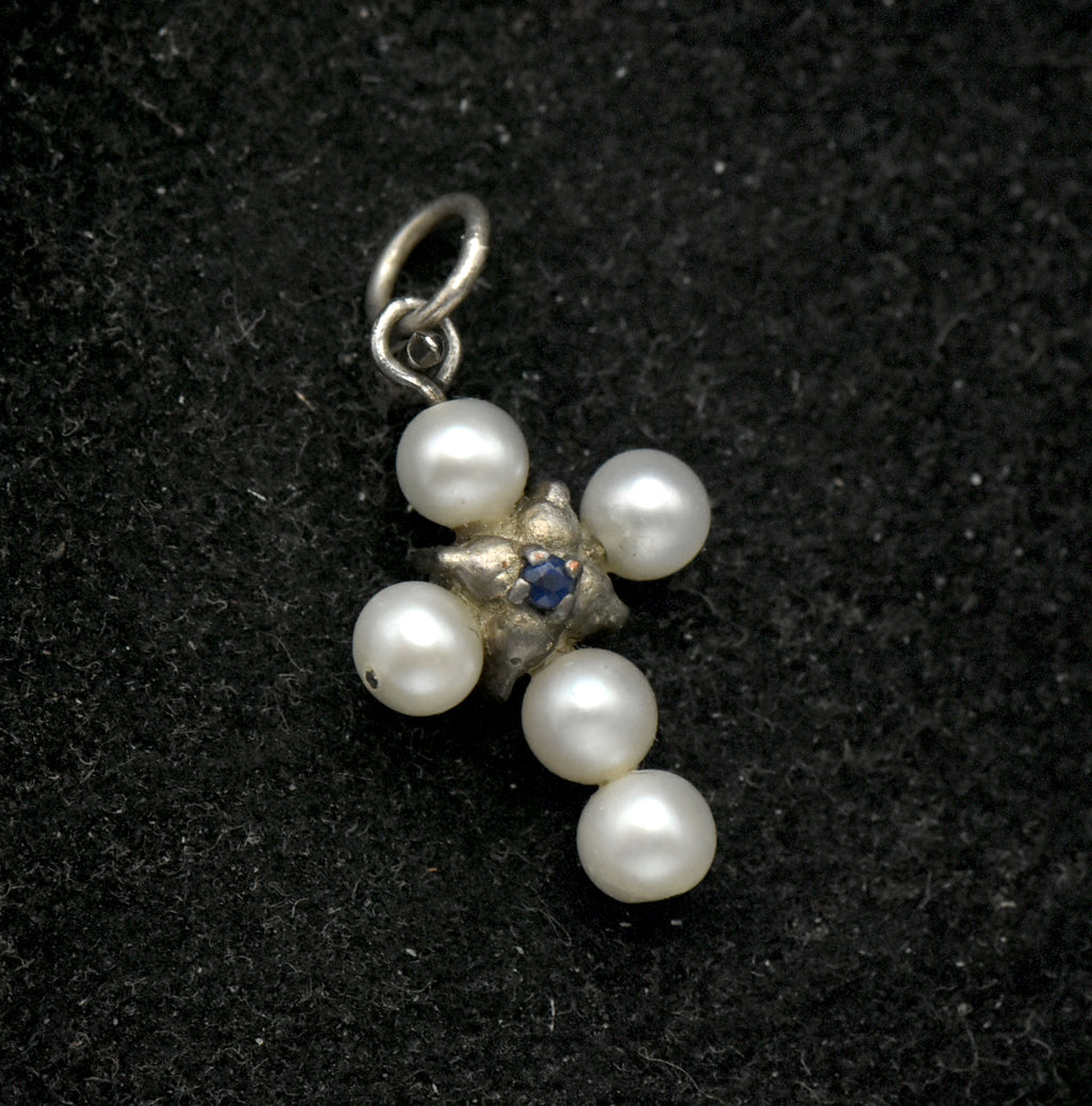 Vintage Pearls and Sapphire Tiny Cross Pendant