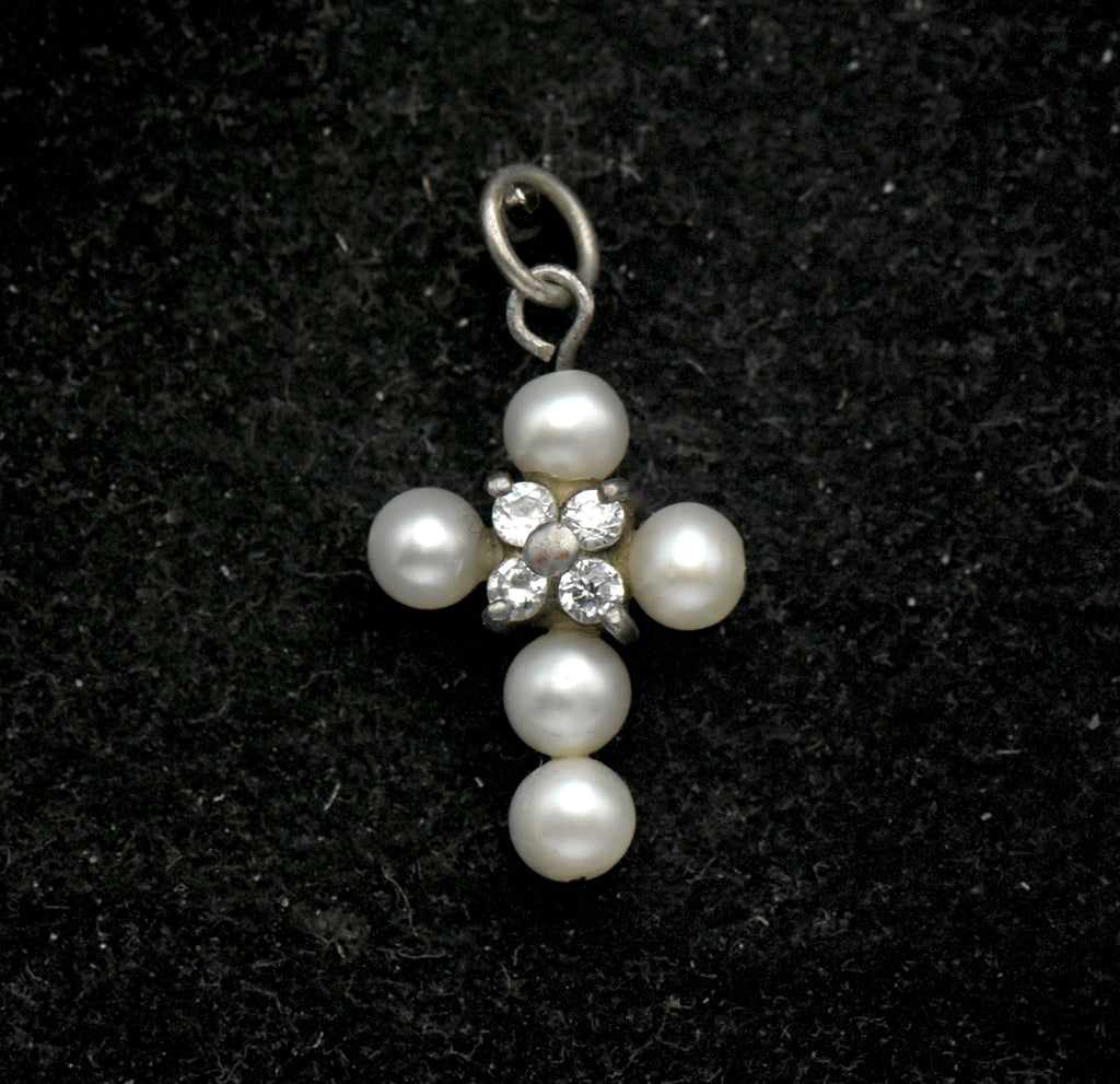 Vintage Pearls and Sapphire Tiny Cross Pendant