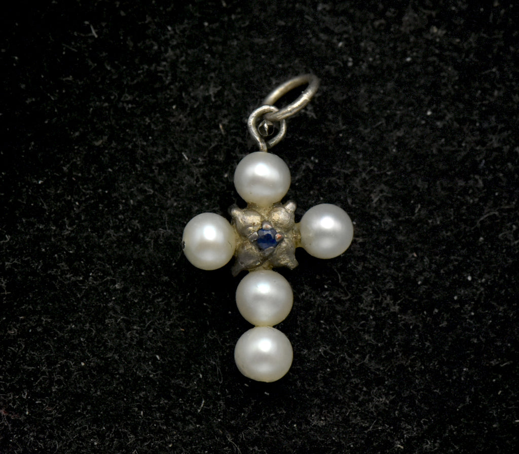 Vintage Pearls and Sapphire Tiny Cross Pendant