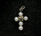 Vintage Pearls and Sapphire Tiny Cross Pendant
