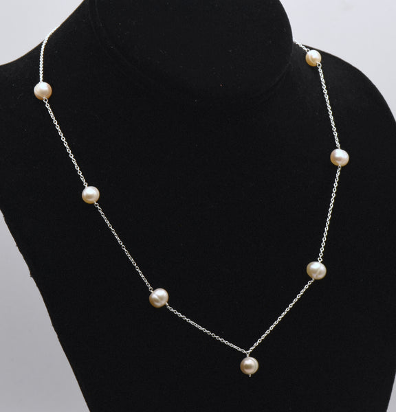 Sterling Silver Pearl Station Necklace - 18"