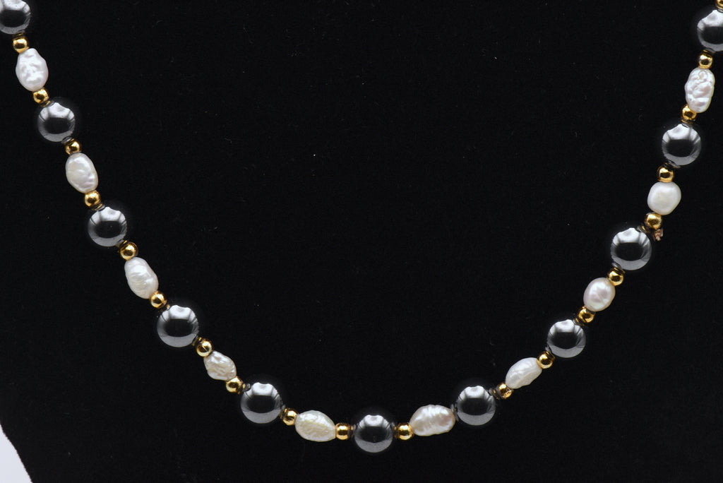 Hematite and Freshwater Pearls Necklace - 24"