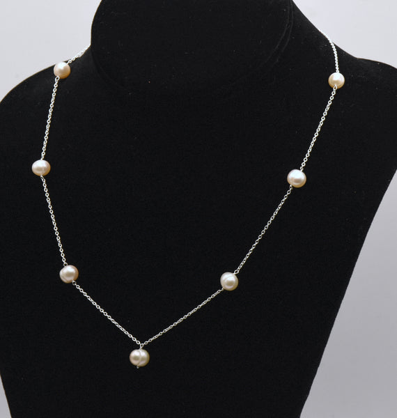 Sterling Silver Pearl Station Necklace - 18"