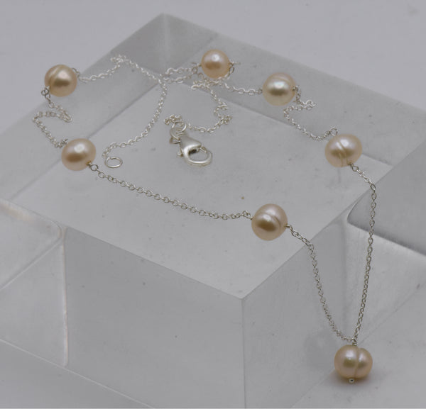 Sterling Silver Pearl Station Necklace - 18"