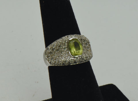 Vintage Sterling Silver Peridot and Rhinestones Saddle Ring - Size 6