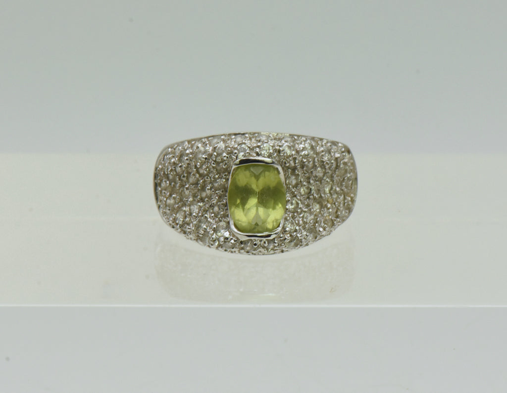 Vintage Sterling Silver Peridot and Rhinestones Saddle Ring - Size 6