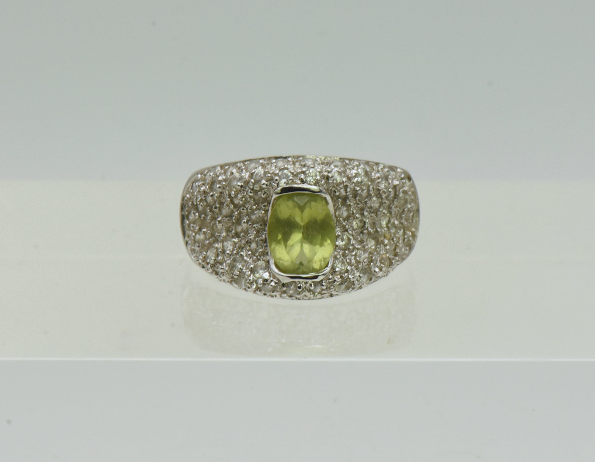 Vintage Sterling Silver Peridot and Rhinestones Saddle Ring - Size 6