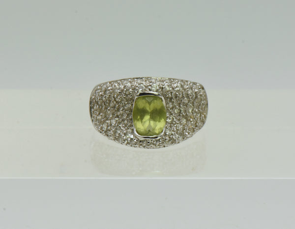 Vintage Sterling Silver Peridot and Rhinestones Saddle Ring - Size 6