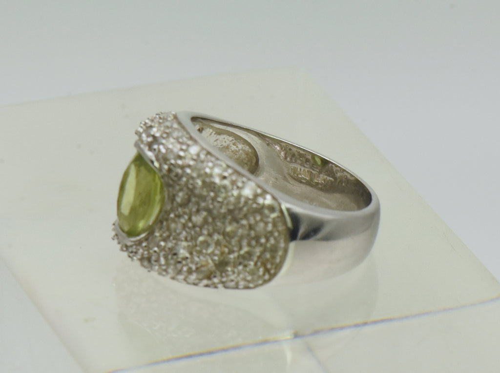 Vintage Sterling Silver Peridot and Rhinestones Saddle Ring - Size 6