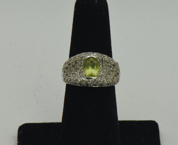 Vintage Sterling Silver Peridot and Rhinestones Saddle Ring - Size 6