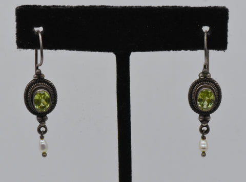 Vintage Faux Peridot and Pearl Sterling Silver Dangle Earrings