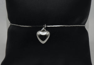Vintage Puffed Heart Pendant Chain Silver Tone Metal Bracelet