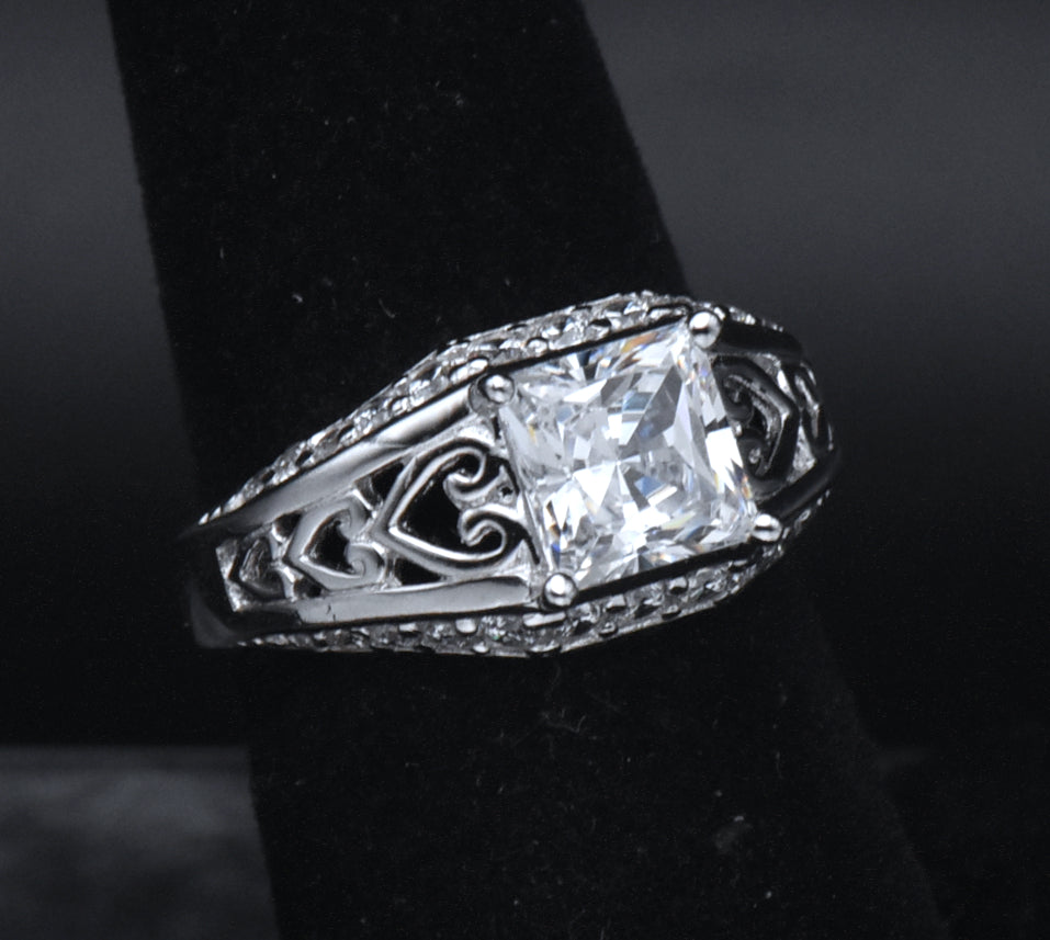 Diamonique - Sterling Silver Princess Cut Cubic Zirconia Ring - Size 6