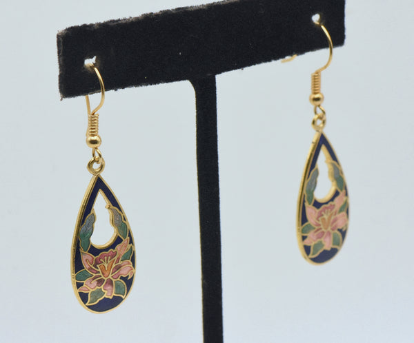 Vintage Pink Floral Enamel Gold Tone Metal Dangle Earrings