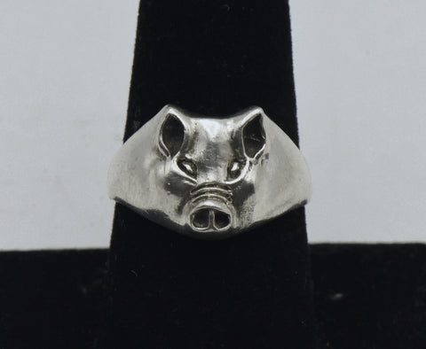 Vintage Sterling Silver Pig Face Ring - Size 8