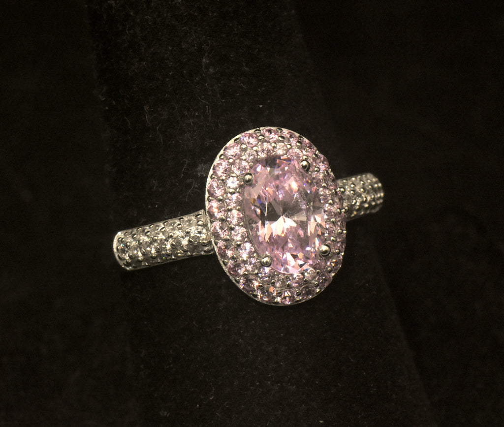 Vintage Sterling Silver Pink Crystal Double Halo Ring - Size 8.25