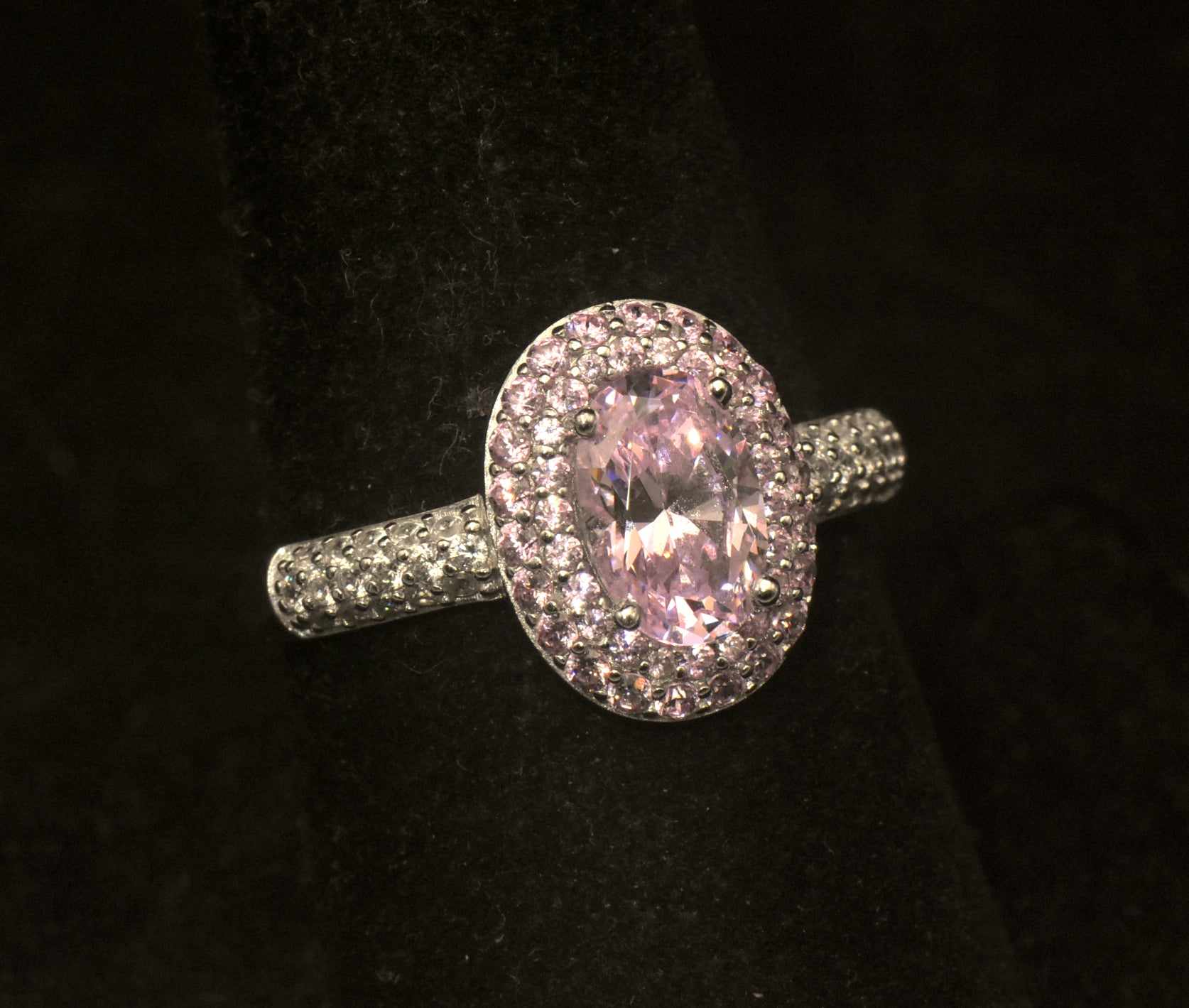 Vintage Sterling Silver Pink Crystal Double Halo Ring - Size 8.25