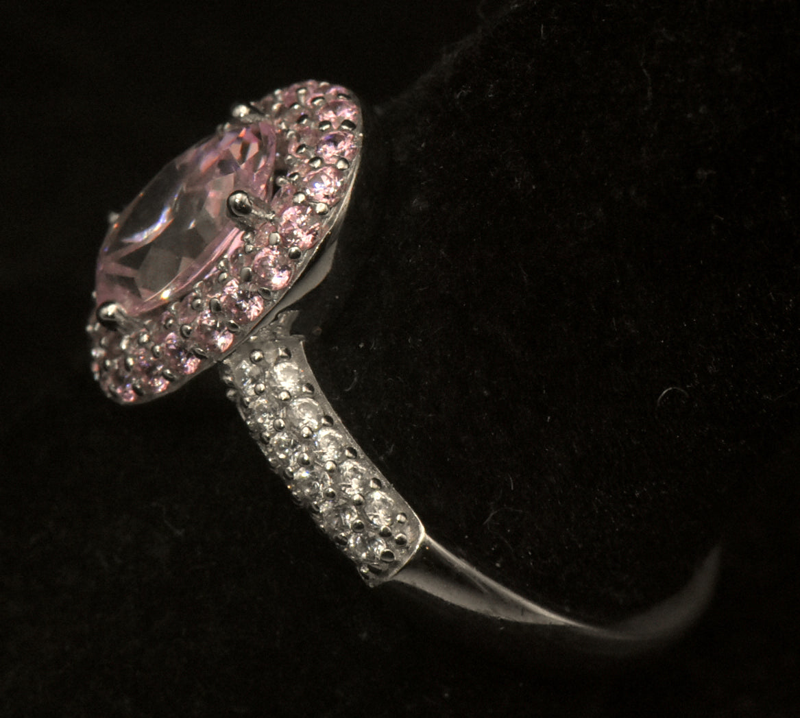 Vintage Sterling Silver Pink Crystal Double Halo Ring - Size 8.25