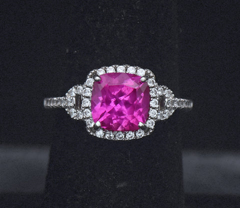 Vintage Synthetic Pink Sapphire Sterling Silver Ring - Size 6
