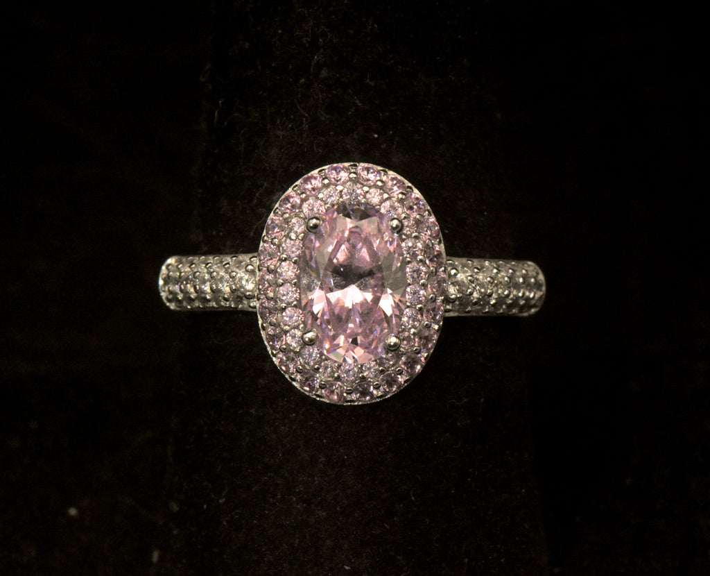 Vintage Sterling Silver Pink Crystal Double Halo Ring - Size 8.25