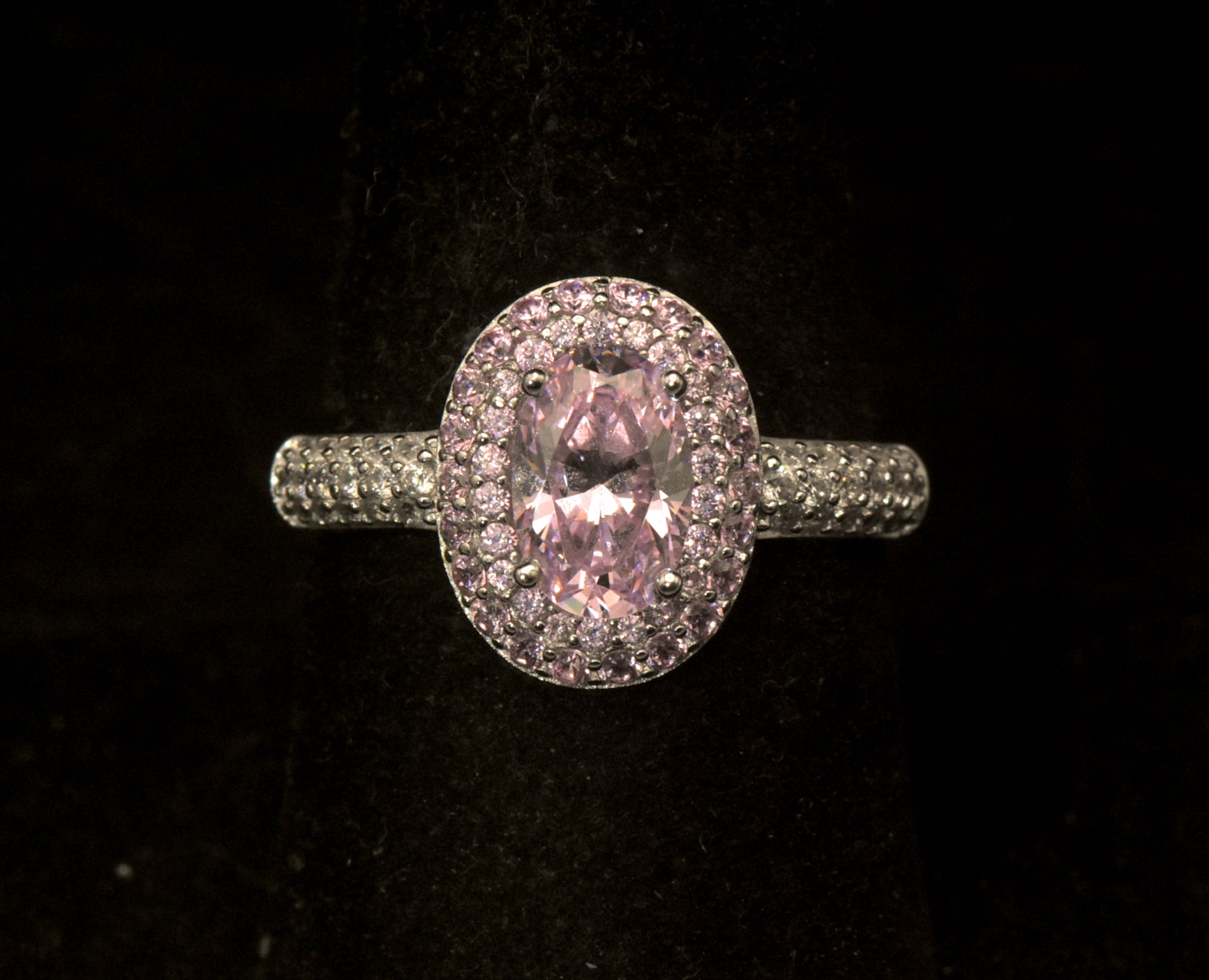 Vintage Sterling Silver Pink Crystal Double Halo Ring - Size 8.25
